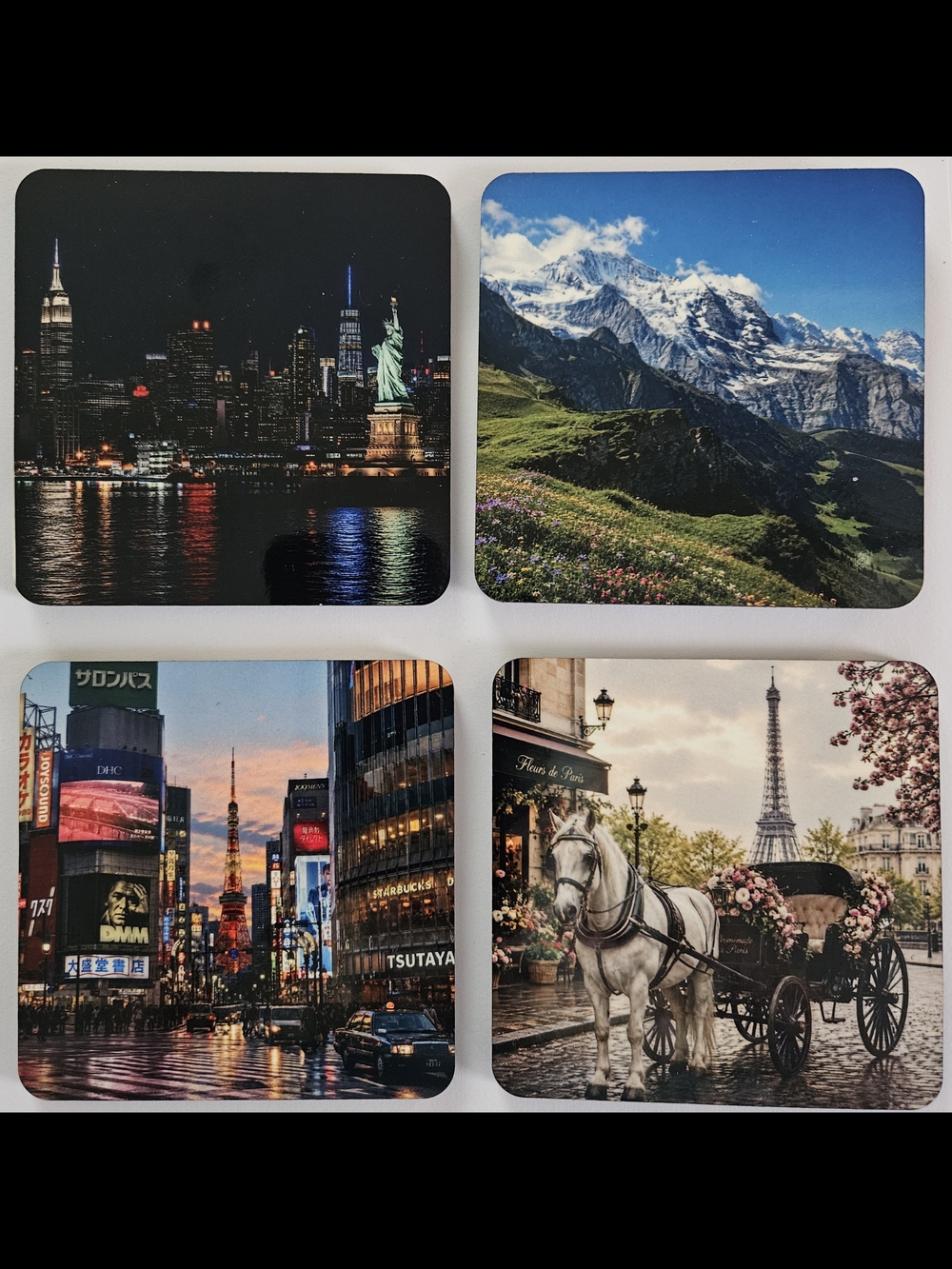 Hand Crafted Black & Blue Cityscape and Nature Coaster Set